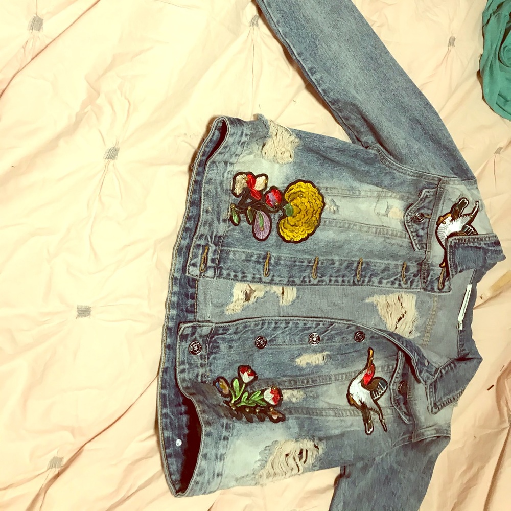 Never worn Distressed denim boho jacket -